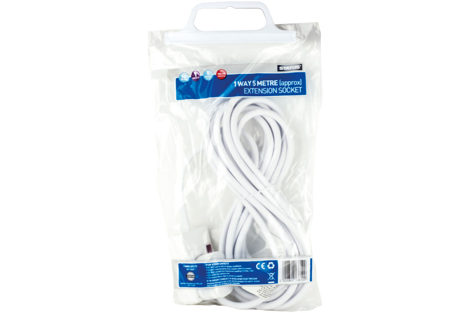 5m White 1 Way Extension Lead Cable 13A 3 Pin UK Socket With Neon Light 