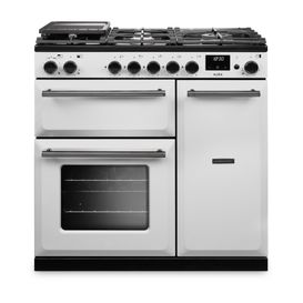 RANGEMASTER AURA90DFPWHT/YX1 Aura 90cm Dual Fuel Range Cooker White with Onyx Trim