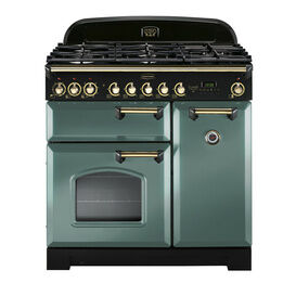 RANGEMASTER CDL90DFFMG/B Classic Deluxe 90 Dual Fuel Mineral Green with Brass Trim