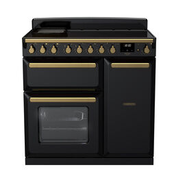 RANGEMASTER ESDL90EIPGBL/AB1 Estel Deluxe 90cm Induction Range Cooker - Gloss Black with Antique Brass Trim