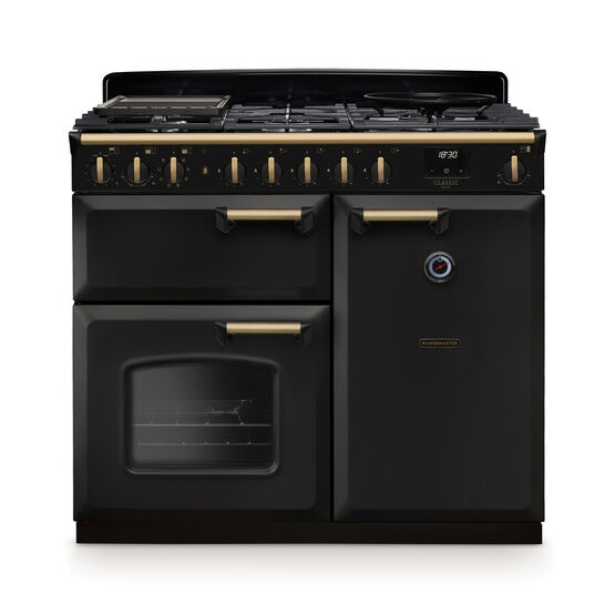RANGEMASTER CLDL100DFPCBL/AB1 Classic Deluxe 100cm Dual Fuel Charcoal Black/Antique Brass