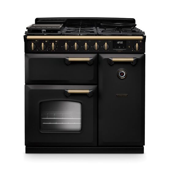 RANGEMASTER CLDL90DFPCBL/AB1 Classic Deluxe 90cm Dual Fuel Charcoal Black/Antique Brass