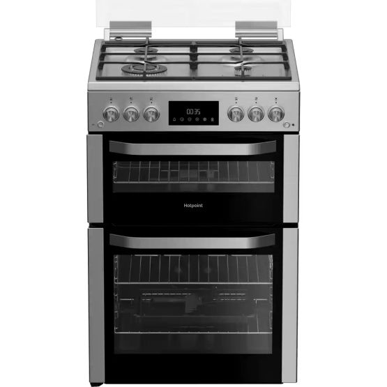HOTPOINT HDG6GDCWX 60cm Gas Double Cooker with Glass Lid - Inox