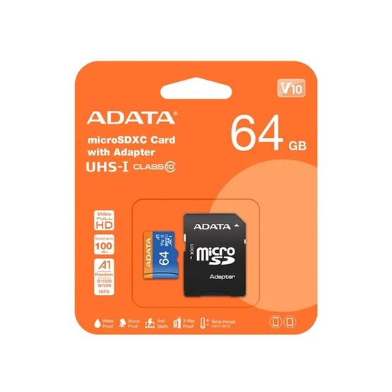 ADATA ASDX64GL10A1RA1 64Gb MicroSDHC Card Class 10 85mbs With SD Adaptor