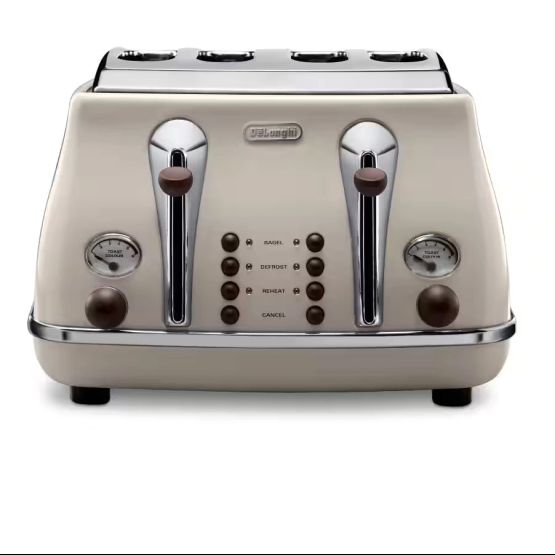 DELONGHI CTOV4003.BG 4 Slice Icona Vintage Toaster - Beige/Mahogany