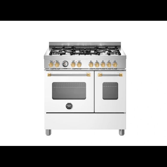 Bertazzoni Master 90cm Range Cooker Twin Oven Dual Fuel Matt White with Gold MAS95C2EBGC