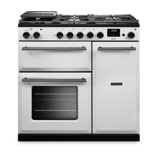RANGEMASTER AURA90DFPWHT/YX1 Aura 90cm Dual Fuel Range Cooker White with Onyx Trim