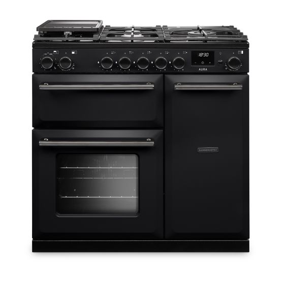 RANGEMASTER AURA90DFPCBL/YX1 Aura 90cm Dual Fuel Range Cooker Charcoal Black with Onyx Trim