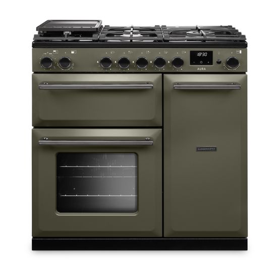 RANGEMASTER AURA90DFPRBD/YX1 Aura 90cm Dual Fuel Range Cooker River Bed with Onyx Trim