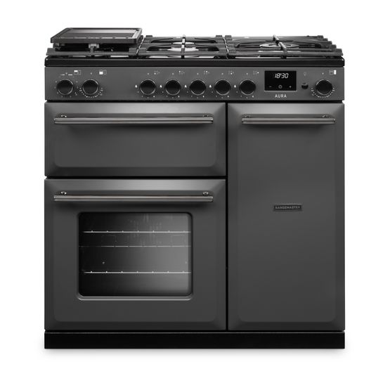 RANGEMASTER AURA90DFPSLT/YX1 Aura 90cm Dual Fuel Range Cooker Slate with Onyx Trim