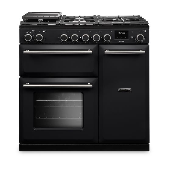 RANGEMASTER AURA90DFPCBL/BN1 Aura 90cm Dual Fuel Range Cooker Charcoal Black with Brushed Nickel Trim