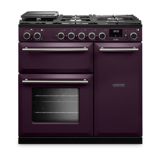 RANGEMASTER AURA90DFPPLM/BN1 Aura 90cm Dual Fuel Range Cooker Plum with Brushed Nickel Trim