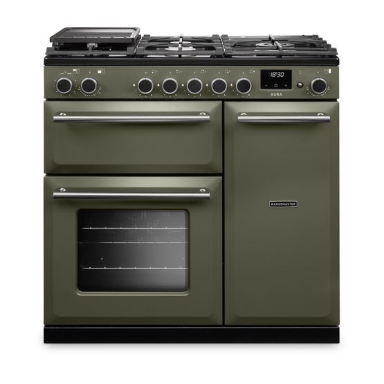 RANGEMASTER AURA90DFPRBD/BN1 Aura 90cm Dual Fuel Range Cooker River Bed with Brushed Nickel Trim