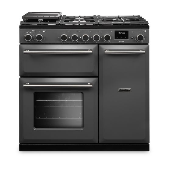 RANGEMASTER AURA90DFPSLT/BN1 Aura 90cm Dual Fuel Range Cooker Slate with Brushed Nickel Trim