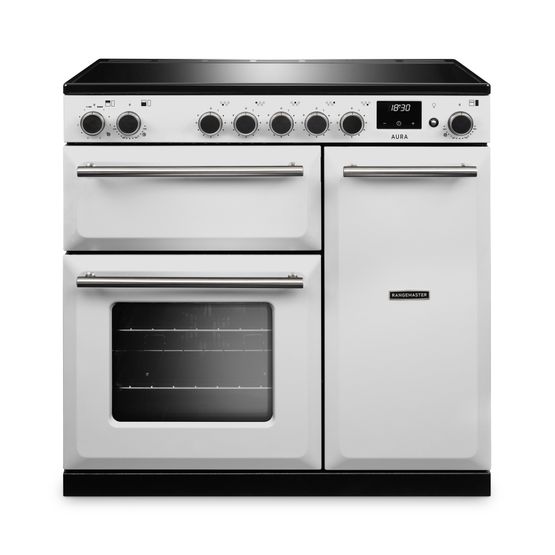 RANGEMASTER AURA90EIPWHT/BN1 Aura 90cm Induction Range Cooker White with Brushed Nickel Trim