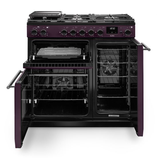 RANGEMASTER AURA90DFPPLM/YX1 Aura 90 Dual Fuel Range Cooker Plum with Onyx Trim