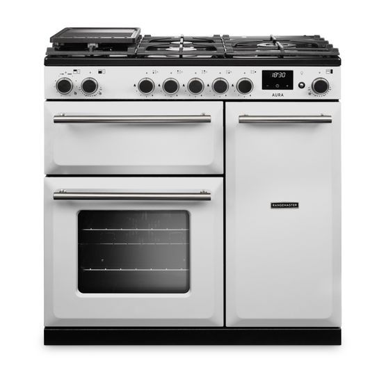 RANGEMASTER AURA90DFPWHT/BN1 Aura 90 Dual Fuel Range Cooker White with White with Brushed Nickel Trim