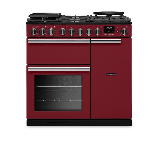 RANGEMASTER PRDL90DFPBOR/CM1 Professional Deluxe 90 Dual Fuel Bordeaux with Chrome Trim