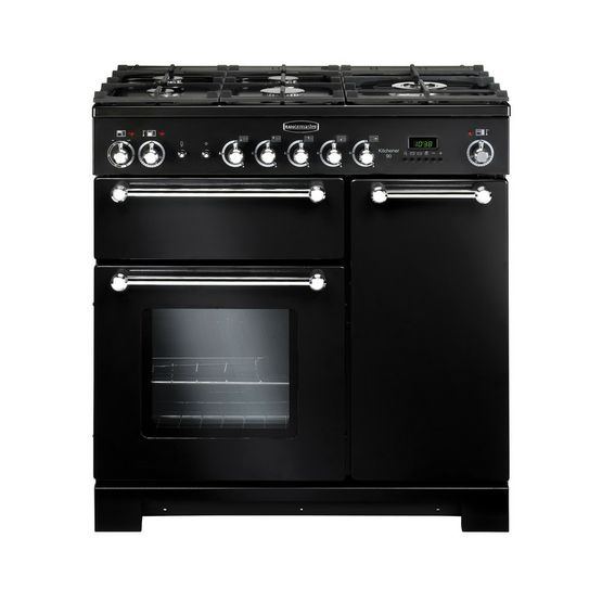 RANGEMASTER KCH90DFFBL/C Kitchener 90 Dual Fuel Black with Chrome Trim