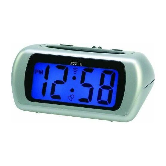 ACCTIM AURIC BATTERY LCD ALARM CLOCK DISPLAY BLUE BACKLIGHT SNOOZE SILVER