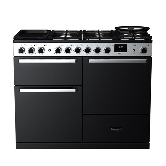 RANGEMASTER EDDLO110DFGBLK/CM1 Edge Deluxe 110cm Dual Fuel Range Cooker - Black Glass with Chrome Trim