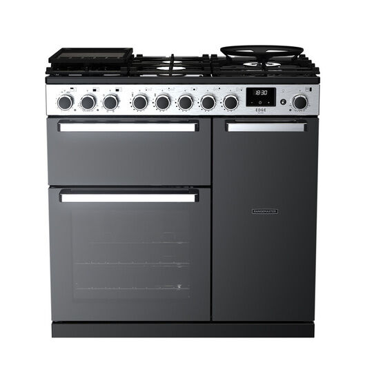 RANGEMASTER EDDL90DFGBLK/CM1 Edge Deluxe 90cm Dual Fuel Range Cooker - Black Glass/Chrome