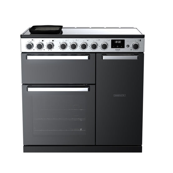 RANGEMASTER EDDL90EIGBLK/CM1 Edge Deluxe 90cm Induction Range Cooker Black Glass with Chrome Trim