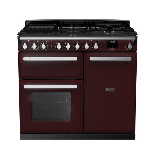 RANGEMASTER ESDL100DFPBOR/CM1 Estel Deluxe 100cm Dual Fuel Range Cooker - Bordeaux with Chrome Trim