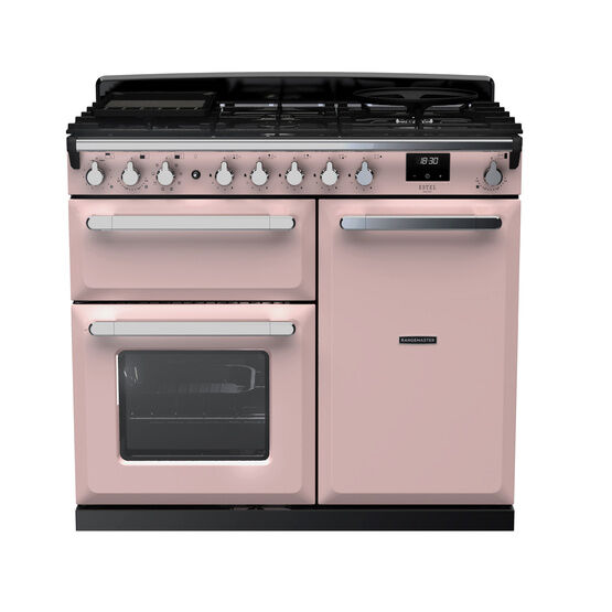 RANGEMASTER ESDL100DFPPPK/CM1 Estel Deluxe 100cm Dual Fuel Range Cooker - Pale Pink with Chrome Trim