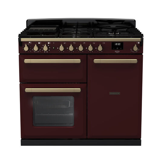 RANGEMASTER ESDL100DFPBOR/AB1 Estel Deluxe 100cm Dual Fuel Range Cooker - Bordeaux with Antique Brass Trim