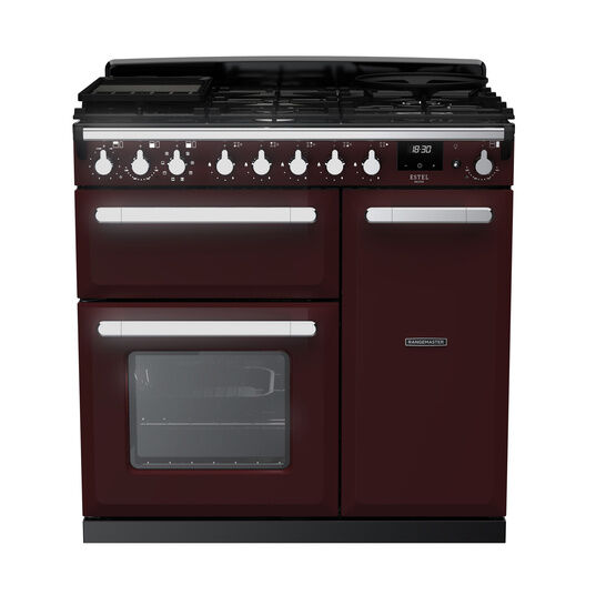 RANGEMASTER ESDL90DFPBOR/CM1 Estel Deluxe 90cm Dual Fuel Range Cooker - Bordeaux with Chrome Trim