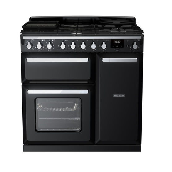 RANGEMASTER ESDL90DFPGBL/CM1 Estel Deluxe 90cm Dual Fuel Range Cooker - Gloss Black with Chrome Trim