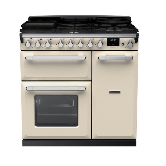 RANGEMASTER ESDL90DFPPCR/CM1 Estel Deluxe 90cm Dual Fuel Range Cooker - Pale Cream with Chrome Trim