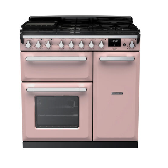 RANGEMASTER ESDL90DFPPPK/CM1 Estel Deluxe 90cm Dual Fuel Range Cooker - Pale Pink with Chrome Trim