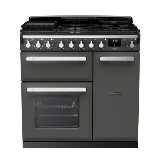 RANGEMASTER ESDL90DFPSLT/CM1 Estel Deluxe 90cm Dual Fuel Range Cooker - Slate with Chrome Trim