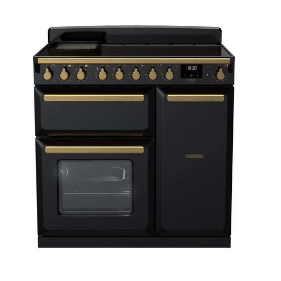 RANGEMASTER ESDL90EIPGBL/AB1 Estel Deluxe 90cm Induction Range Cooker - Gloss Black with Antique Brass Trim
