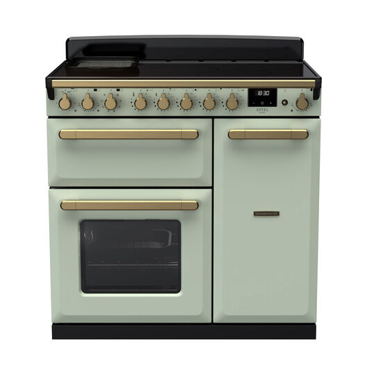 RANGEMASTER ESDL90EIPMNT/AB1 Estel Deluxe 90cm Induction Range Cooker - Mint with Antique Brass Trim