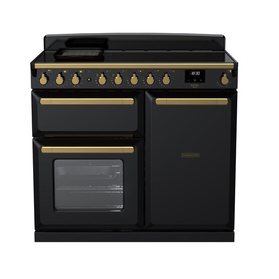 RANGEMASTER ESDL100EIPGBL/AB1 Estel Deluxe 100cm Induction Range Cooker - Gloss Black with Antique Brass Trim