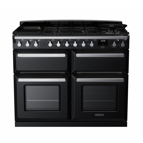 RANGEMASTER ESDLB110DFPGBL/CM1 Estel Deluxe 110cm Dual Fuel Range Cookers - Gloss Black with Chrome Trim