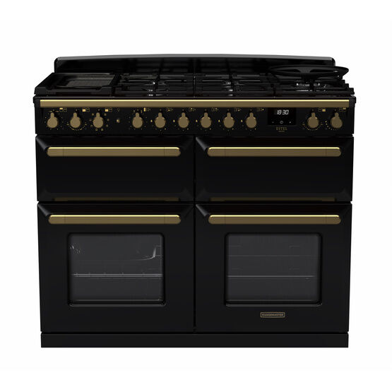 RANGEMASTER ESDLB110DFPGBL/AB1 Estel Deluxe 110cm Dual Fuel Range Cooker - Gloss Black/Brass