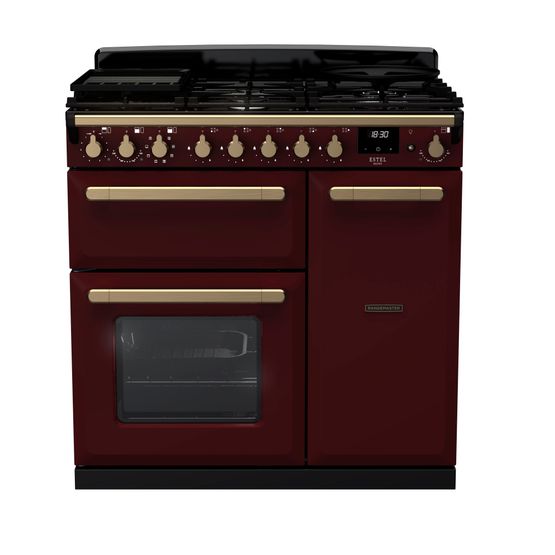 RANGEMASTER ESDL90DFPBOR/AB1 Estel Deluxe 90cm Dual Fuel Range Cooker - Bordeaux with Antique Brass Trim