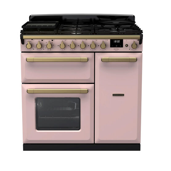 RANGEMASTER ESDL90DFPPPK/AB1 Estel Deluxe 90cm Dual Fuel Range Cooker - Pale Pink with Antique Brass Trim