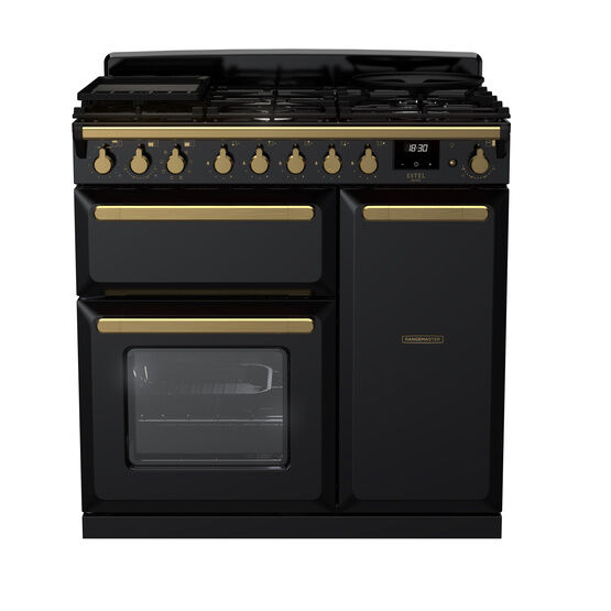 RANGEMASTER ESDL90DFPGBL/AB1 Estel DLX 90 Dual Fuel Range Cooker - Gloss Black/Brass