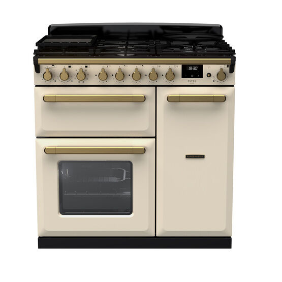 RANGEMASTER ESDL90DFPPCR/AB1 Estel DLX 90 Dual Fuel Range Cooker - Pale Cream/Brass