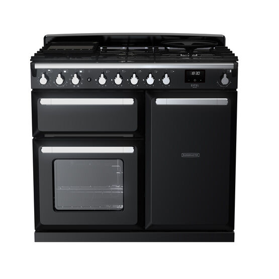 RANGEMASTER ESDL100DFPGBL/CM1 Estel Deluxe 100cm Dual Fuel Range Cooker - Gloss Black/Chrome