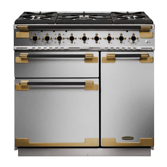 RANGEMASTER 136430 Elise Lux 90cm Dual Fuel Range - Stainless Steel with Black / Antique Brass Trim