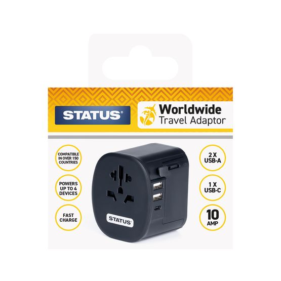 STATUS SBWWTA1PK4 Worldwide Travel Adaptor with 2 x USB-A, 1 x USB-C Black